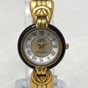 Vtg Anne Klein II Watch Women 24mm Gold Tone MOP Black Classic New Battery 8"